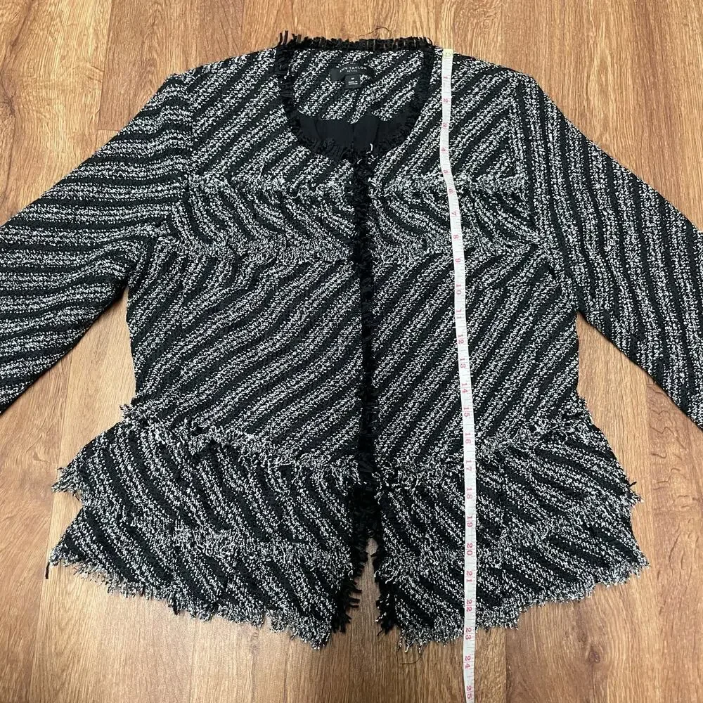 Ann Taylor Black White Striped Tweed Fringe Jacket Womens Size 8P Petite